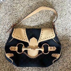 Gucci Horsebit canvas leather chain Black and Tan bag purse